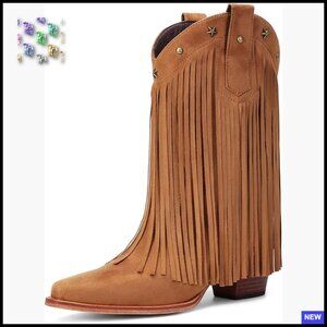 Fringe Cowboy Boots Mid Calf Pointed Toe Chunky Heel Western Boho Chic